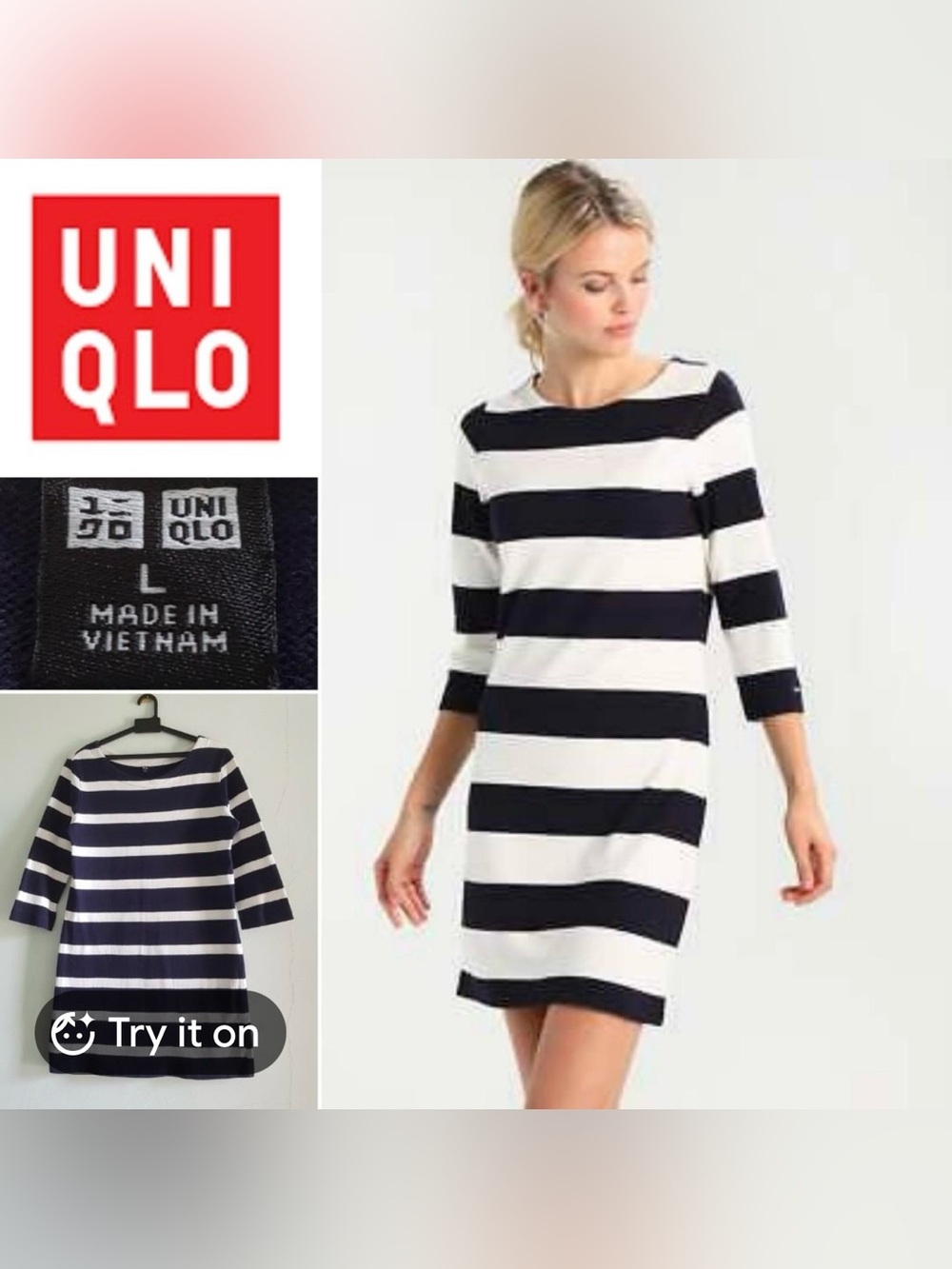 Uniqlo Black and White Striped Dress Cotton 3/4 Sleeves Size L